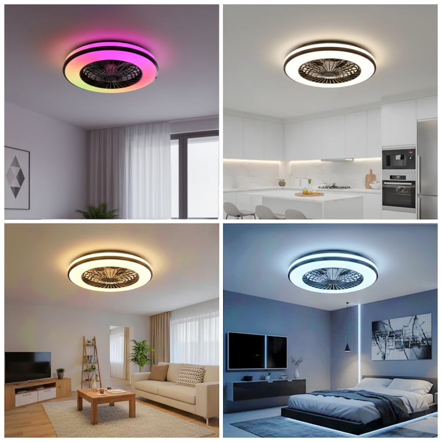 LED RGBW stmievateľné stropné svietidlo s ventilátorom VENTELUX LED/48W/230V 3000/4000/6500K priemer 48,5 cm čierne + diaľkové ovládanie