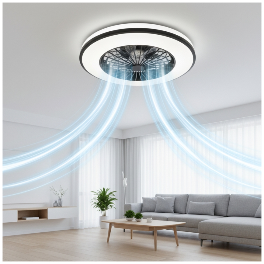 LED RGBW stmievateľné stropné svietidlo s ventilátorom VENTELUX LED/48W/230V 3000/4000/6500K priemer 48,5 cm čierne + diaľkové ovládanie