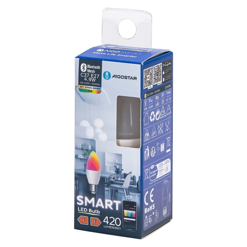 LED RGBW Stmievateľná žiarovka C37 E27/4,9W/230V 2700-6500K - Aigostar