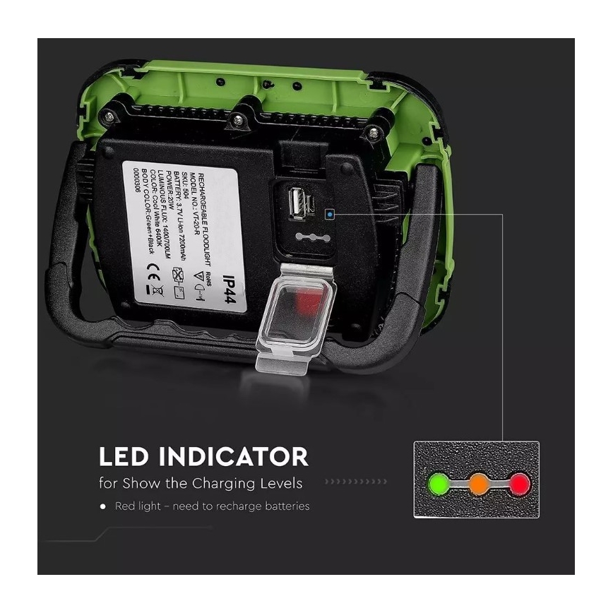 LED Smievateľný nabíjací reflektor SAMSUNG CHIP + funkcia SOS LED/10W/3,7V/USB IP44 4000K zelená