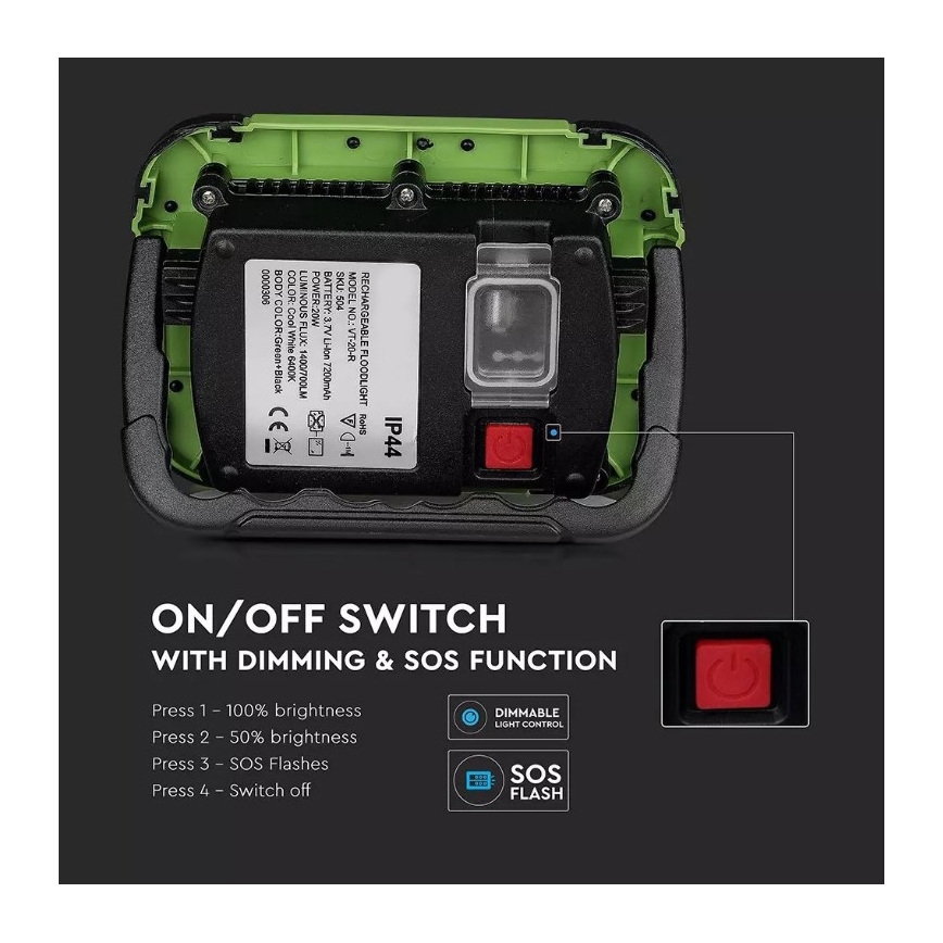 LED Smievateľný nabíjací reflektor SAMSUNG CHIP + funkcia SOS LED/10W/3,7V/USB IP44 4000K zelená