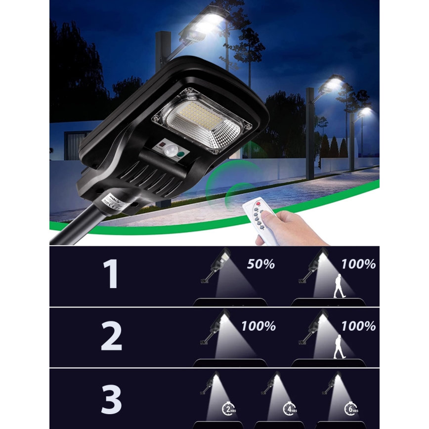 LED Stmievateľná solárna pouličná lampa so senzorom LED/60W/6V 5500 mAh 6500K IP65 čierna + diaľkové ovládanie
