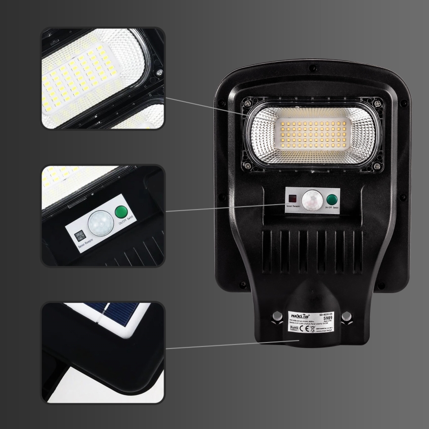 LED Stmievateľná solárna pouličná lampa so senzorom LED/60W/6V 5500 mAh 6500K IP65 čierna + diaľkové ovládanie