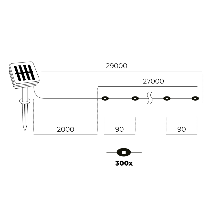 LED - Solárna reťaz 300xLED/0,12W/1,2V 1xAA 27 m IP44 3000K 800 mAh