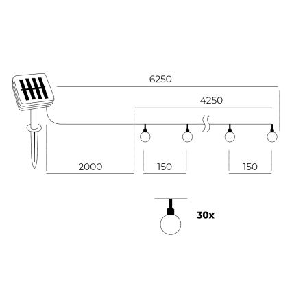 LED Solárna reťaz 30xLED/0,12W/1,2V 1xAA 3000K IP44 400 mAh