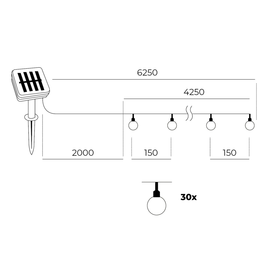 LED Solárna reťaz 30xLED/0,12W/1,2V 1xAA 3000K IP44 400 mAh