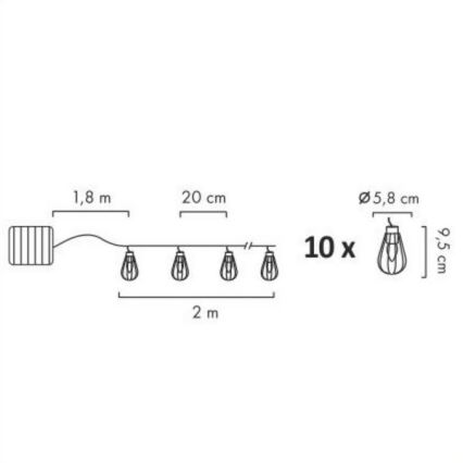 LED Solárna vonkajšia reťaz 10xLED/1,2V 300 mAh 3,8 m IP44