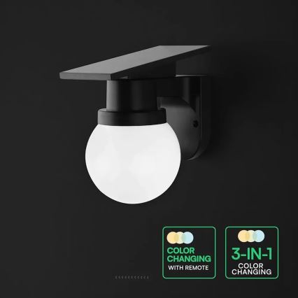 LED solárna nástenná lampa LED/3,7V 3000/4000/6400K IP54 1800 mAh čierna + diaľkové ovládanie