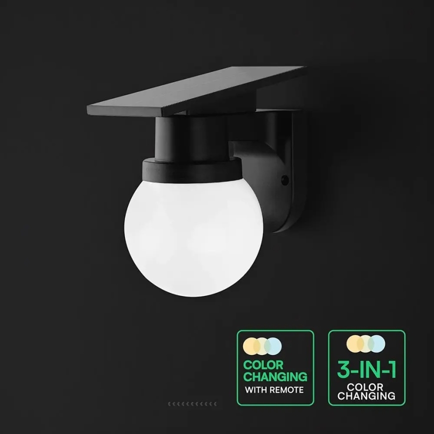 LED solárna nástenná lampa LED/3,7V 3000/4000/6400K IP54 1800 mAh čierna + diaľkové ovládanie