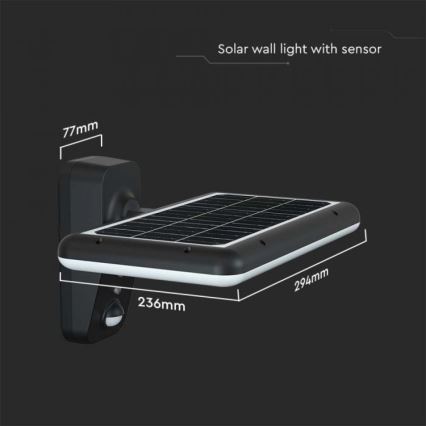 LED solárne nástenné svietidlo so senzorom LED/15W/3,2V 4000K/6000K IP65 6000 mAh čierna
