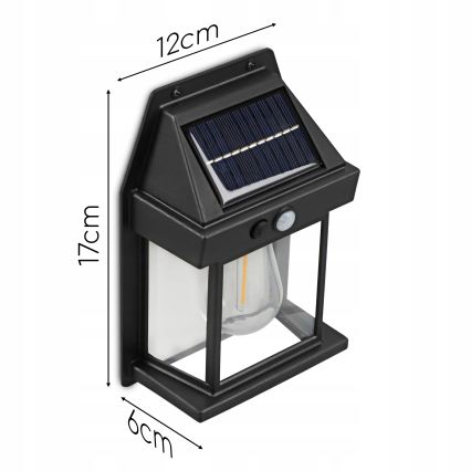 LED solárne nástenné svietidlo so senzorom LED/3,7V 600 mAh IP44 čierne