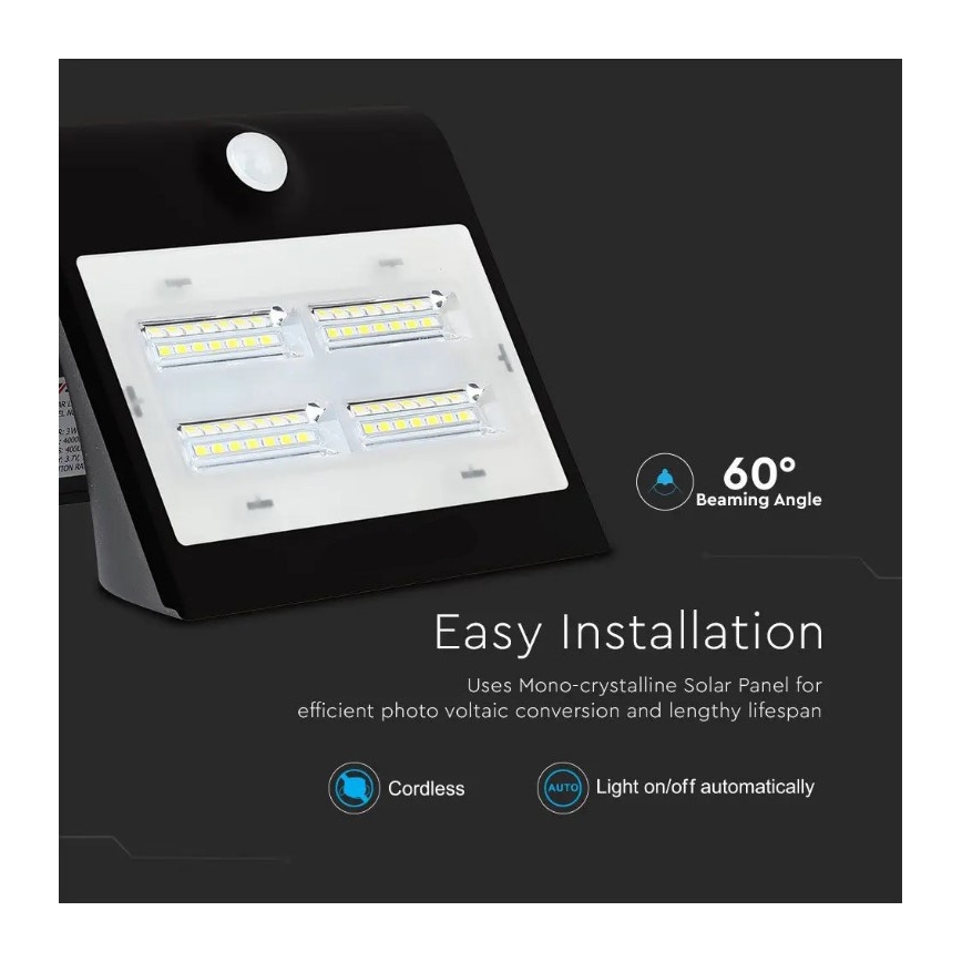 LED Solárne nástenné svietidlo so senzorom LED/3W/3,7V 3000/4000K IP65 2000 mAh čierna