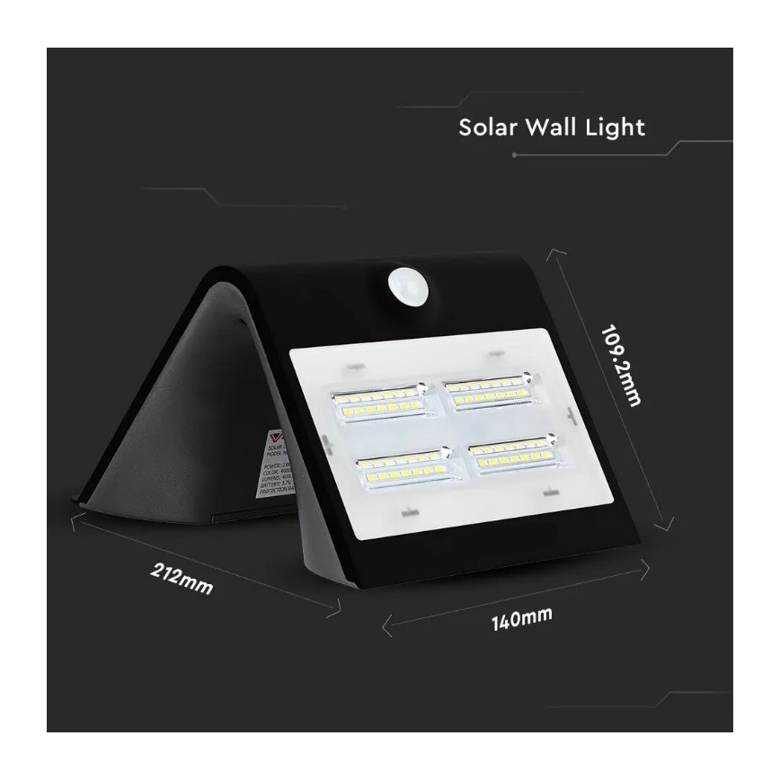 LED Solárne nástenné svietidlo so senzorom LED/3W/3,7V 3000/4000K IP65 2000 mAh čierna