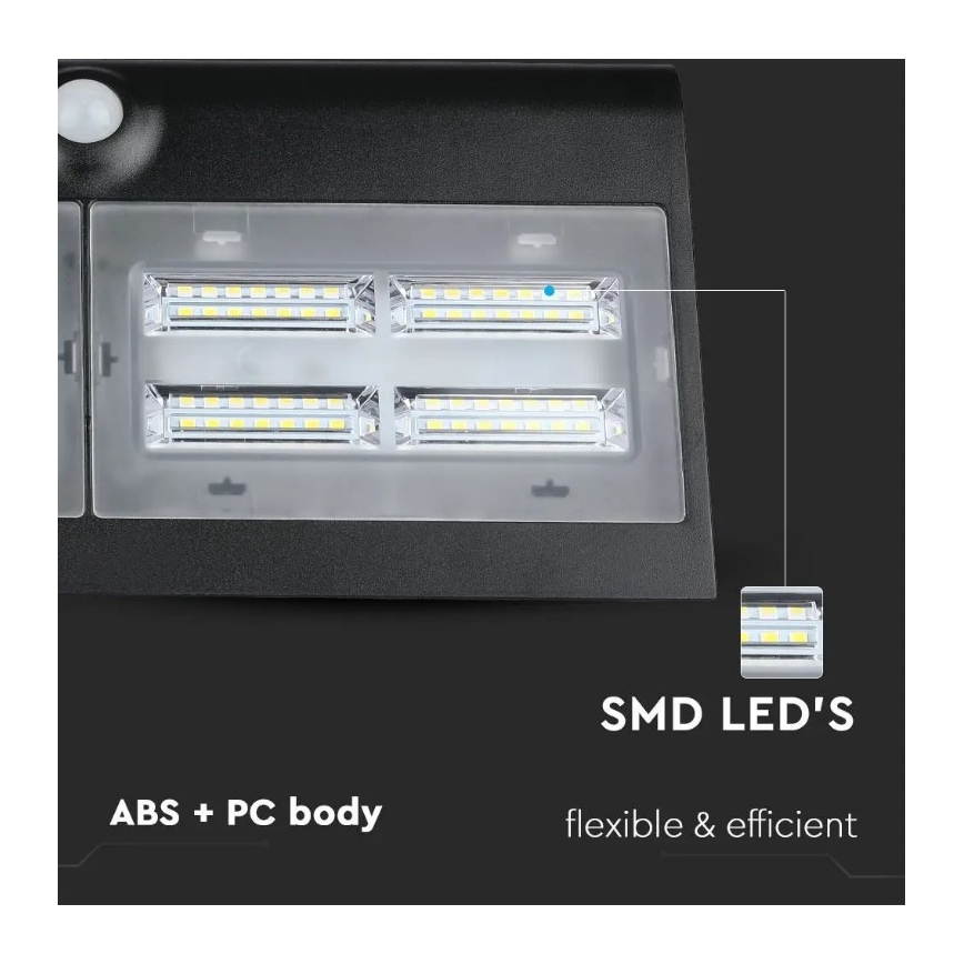 LED Solárne nástenné svietidlo so senzorom LED/7W/3,7V 4000K IP65 4000 mAh čierna