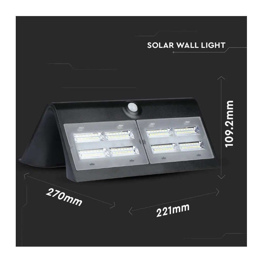LED Solárne nástenné svietidlo so senzorom LED/7W/3,7V 4000K IP65 4000 mAh čierna