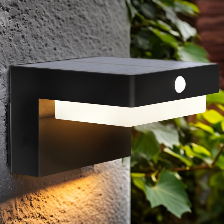 LED Solárne nástenné svietidlo so senzorom pohybu a súmraku PALERMO LED/5W/2000 mAh IP54 čierna