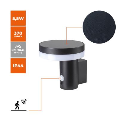 LED Solárne nástenné svietidlo so senzorom SOLARIS3 LED/5,5W/3,7V 4000K IP44 2600 mAh