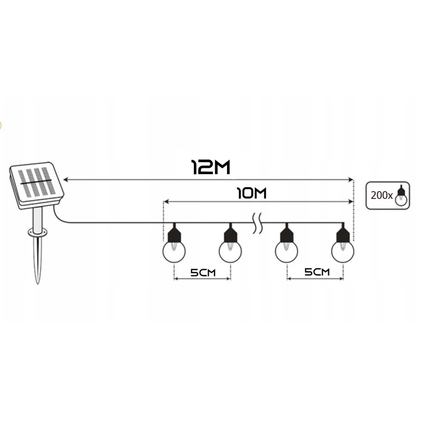 LED solárny dekoračný reťazec 200×LED/1,2 V 800 mAh 12 m IP44 čierna