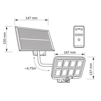 LED Solárny reflektor so senzorom INTEGRA LED/3W/3,7V 1200 mAh IP44 + diaľkové ovládanie