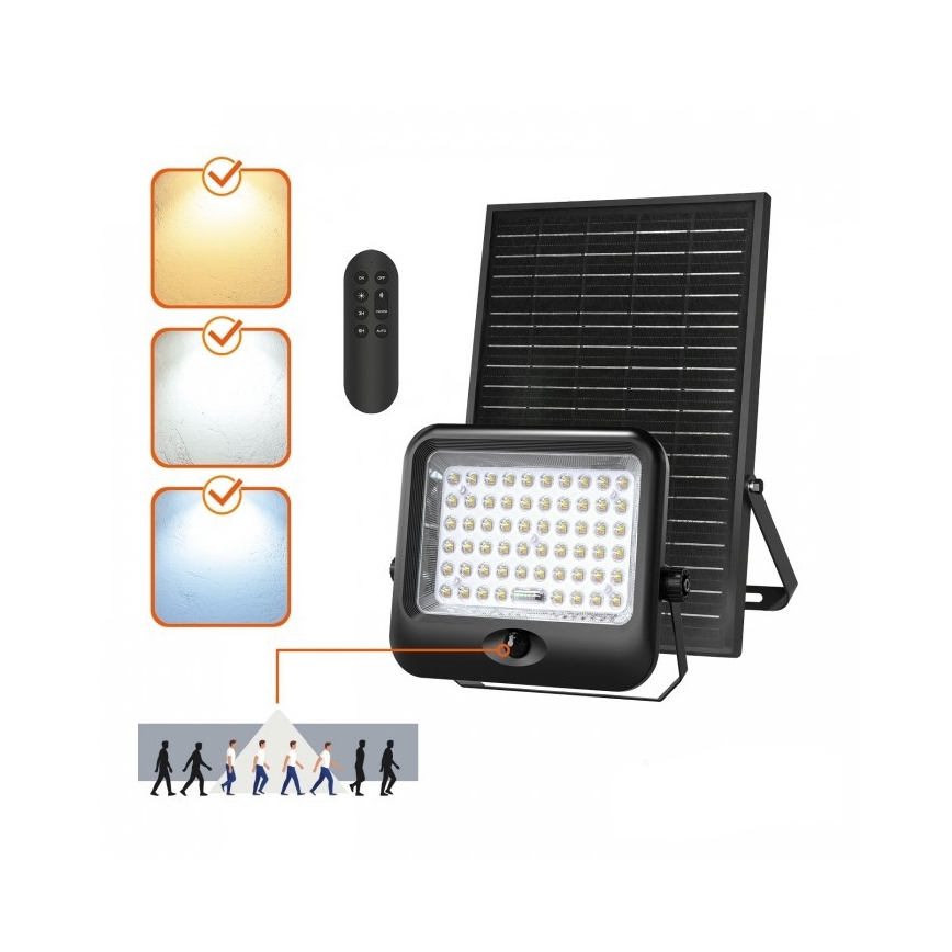 LED solárny reflektor so senzorom MHCS LED/20W/3,2V 3000/4000/6500K IP65 10000 mAh + diaľkové ovládanie