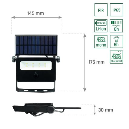 LED Solárny reflektor so senzorom NOCTIS LED/2W/1800 mAh 3,7V 6000K IP65