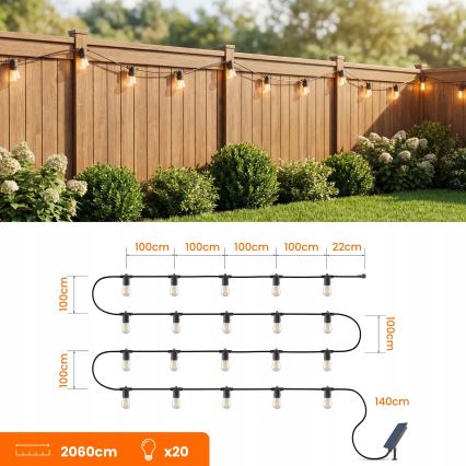 LED Stmievateľná solárna dekoratívna reťaz 20xE27/0,3W/3/5V USB 2400 mAh 20,62 m IP65 čierna + diaľkové ovládanie