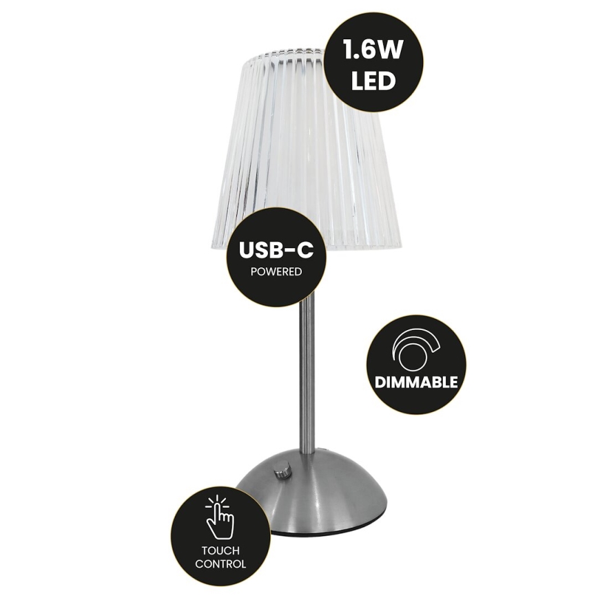 LED Stmievateľná dotyková nabíjacia stolná lampa ELBA LED/1,6W/800 mAh matný chróm/číra