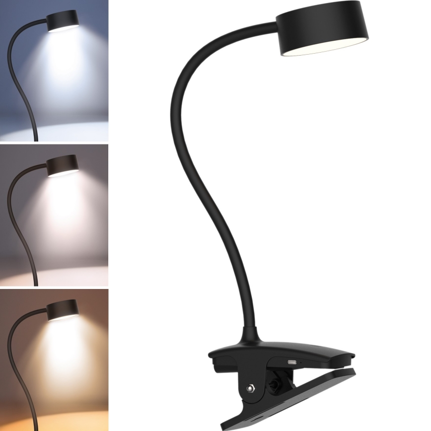 LED Stmievateľná flexibilná nabíjacia stolná lampa s klipom LED/2W/1800 mAh 3000/4000/6500K čierna