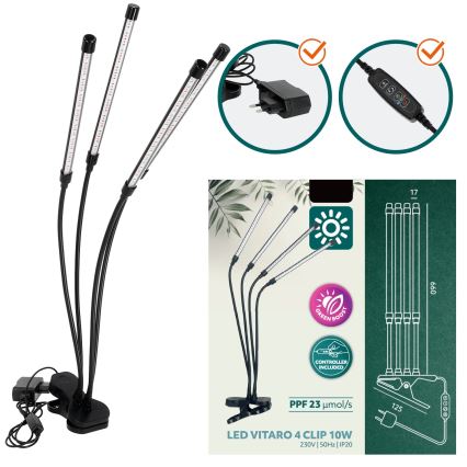 LED Stmievateľná flexibilní stolná lampa s klipom na pestovanie rastlín VITARO 4xLED/10W/230V čierna