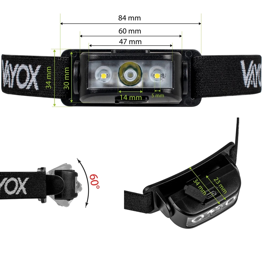 LED Stmievateľná nabíjacia čelovka 3xLED/5V IPX4 100 lm 1200 mAh