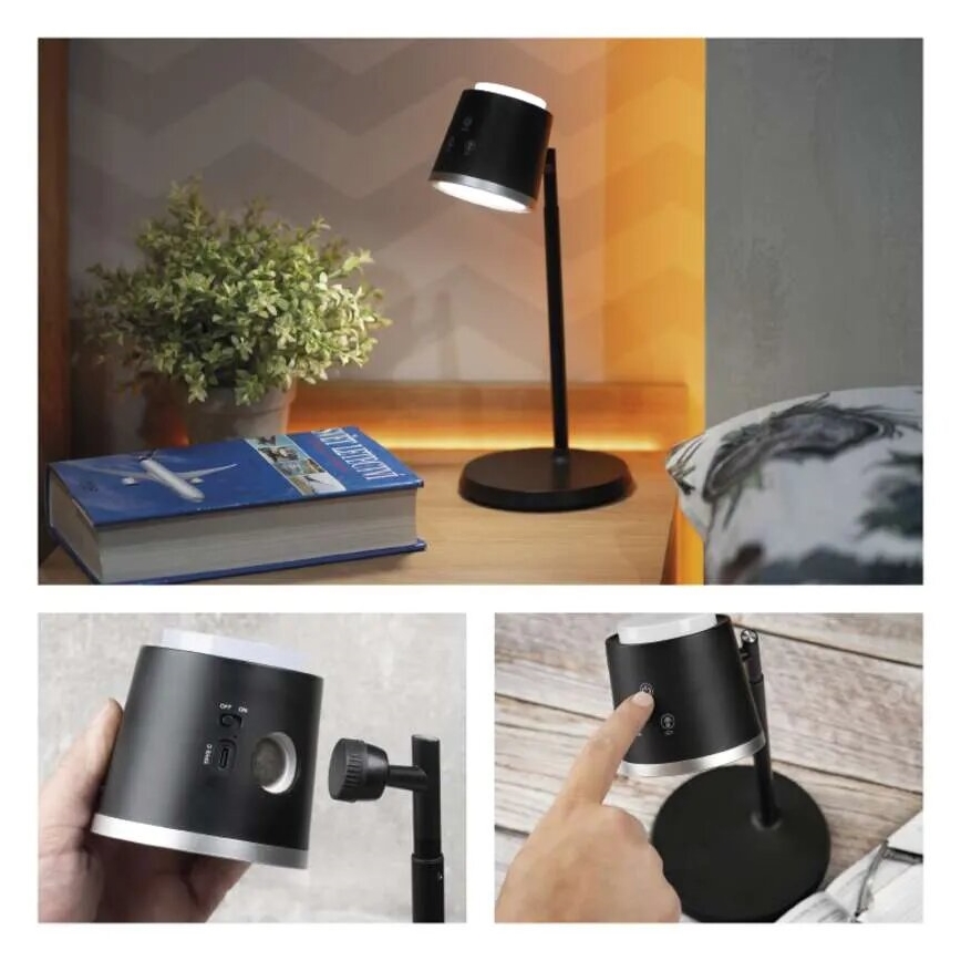 LED Stmievateľná nabíjacia stolná lampa 4v1 LED/6W/3,7V 3000K/4000K/6500K 1500mAh čierna