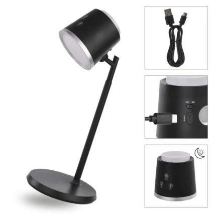LED Stmievateľná nabíjacia stolná lampa 4v1 LED/6W/3,7V 3000K/4000K/6500K 1500mAh čierna