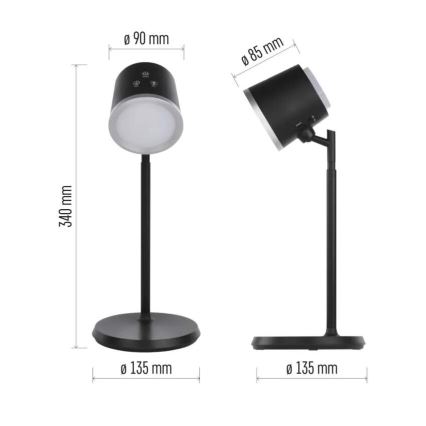 LED Stmievateľná nabíjacia stolná lampa 4v1 LED/6W/3,7V 3000K/4000K/6500K 1500mAh čierna