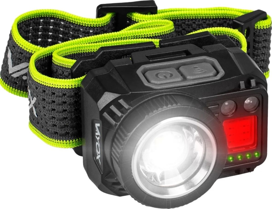 Čelová lampa s nastaviteľným popruhom s bodkovaným vzorom, svieti pomocou LED diód, má tlačidlá na ovládanie a je čierna.