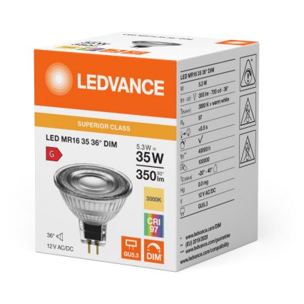 Stmievateľná LED reflektorová žiarovka MR16 GU5,3/5,3W/12V 3000K 36° CRI 97 - Ledvance