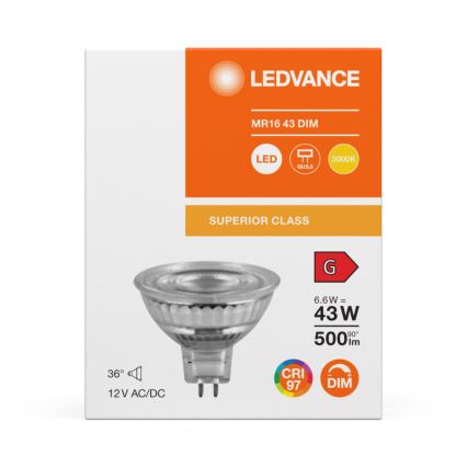 LED Stmievateľná reflektorová žiarovka MR16 GU5,3/6,6W/12V 3000K 36° CRI 97 - Ledvance