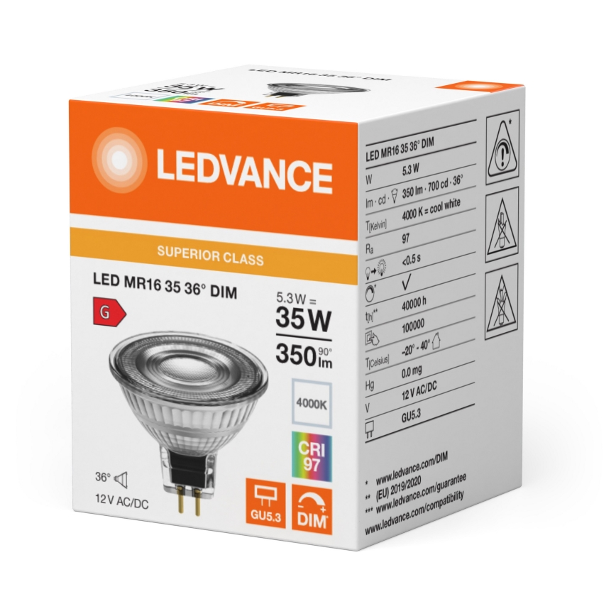 LED stmievateľná reflektorová žiarovka MR16 GU5,3/5,3W/12V 4000K 36° CRI 97 - Ledvance