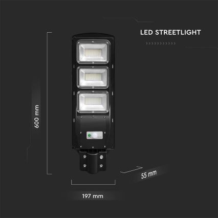 LED Stmievateľná solárna pouličná lampa so senzorom pohybu a súmraku LED/12W/3,2V 6000K IP65 10000 mAh čierna + diaľkové ovládanie