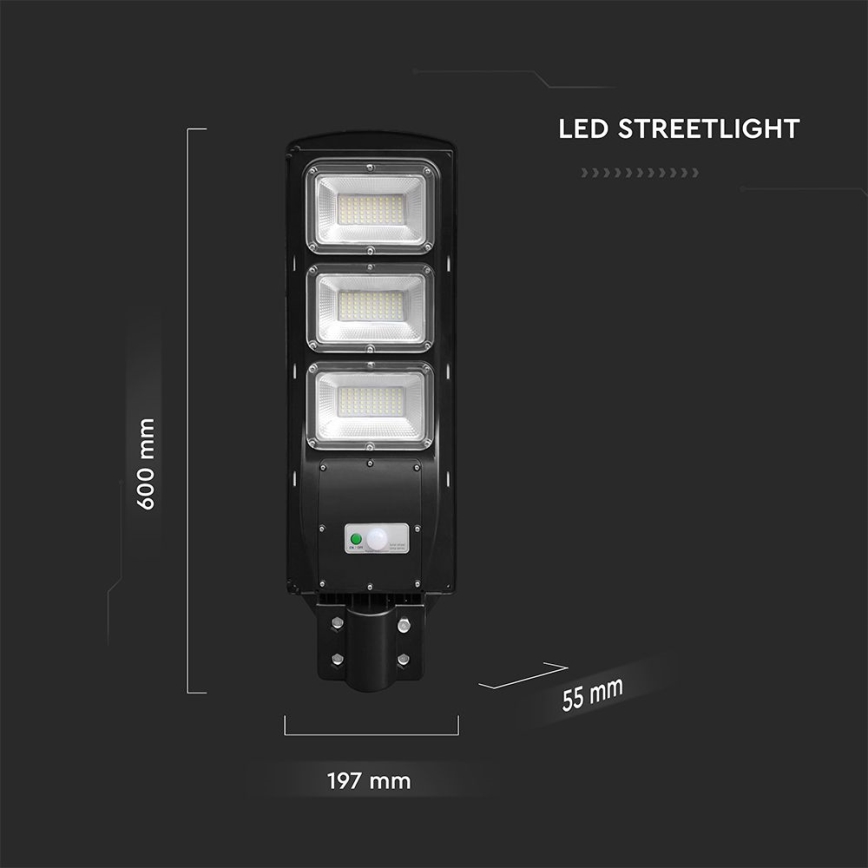 LED Stmievateľná solárna pouličná lampa so senzorom pohybu a súmraku LED/12W/3,2V 6000K IP65 10000 mAh čierna + diaľkové ovládanie