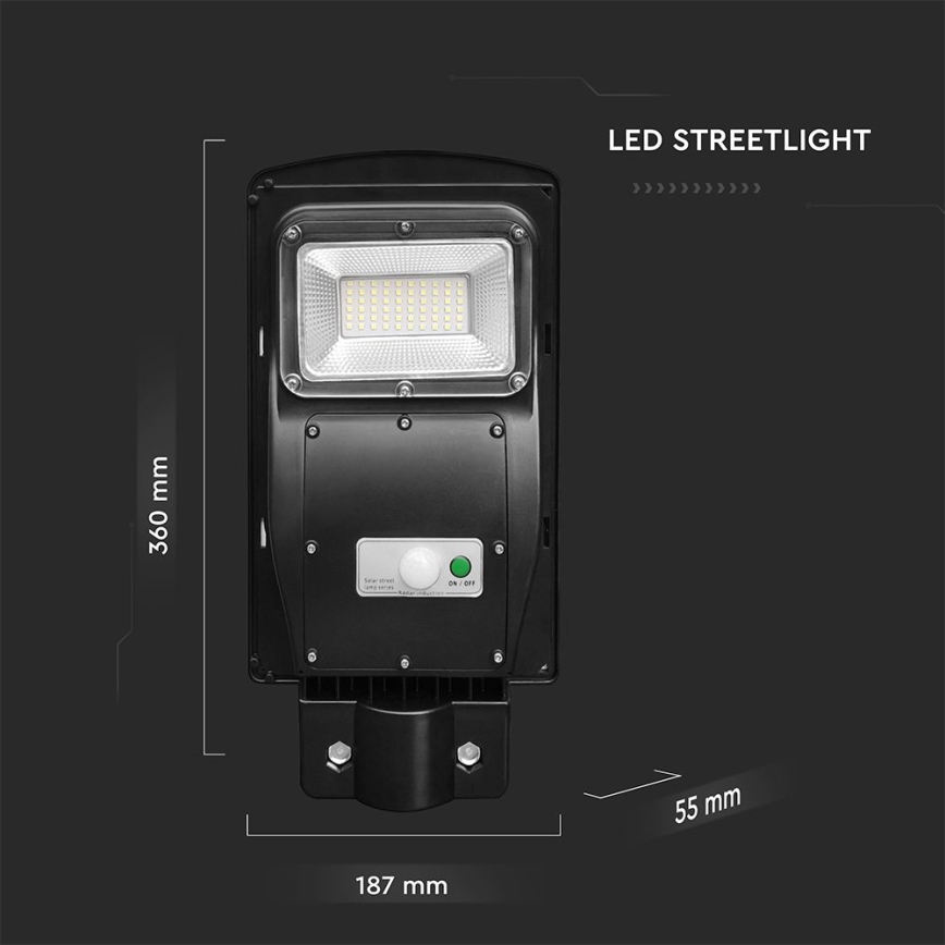 LED Stmievateľná solárna pouličná lampa so senzorom pohybu a súmraku LED/6W/3,2V 6000K IP65 5000 mAh čierna + diaľkové ovládanie