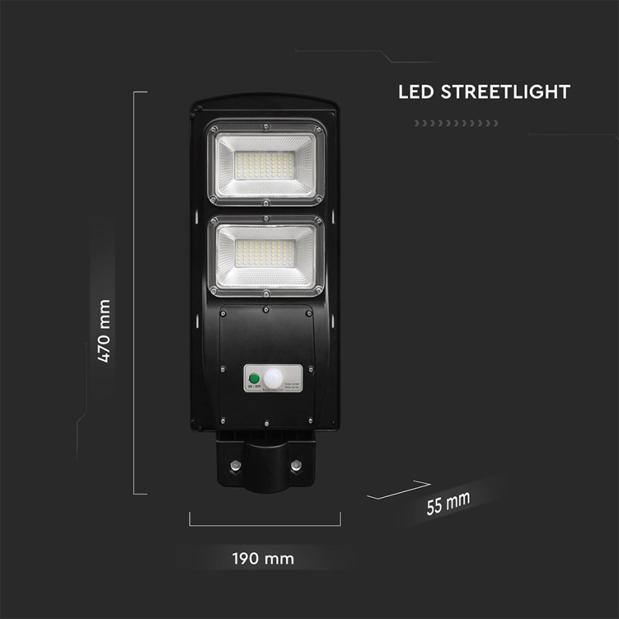 LED Stmievateľná solárna pouličná lampa so senzorom pohybu a súmraku LED/8W/3,2V 6000K IP65 9000 mAh čierna + diaľkové ovládanie