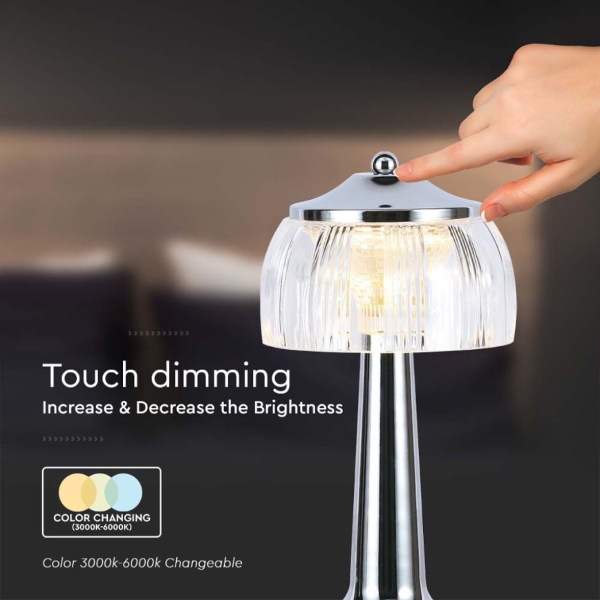 LED Stmievateľná dobíjacia dotyková stolná lampa LED/1W/5V 3000-6000K 1800 mAh lesklý chróm