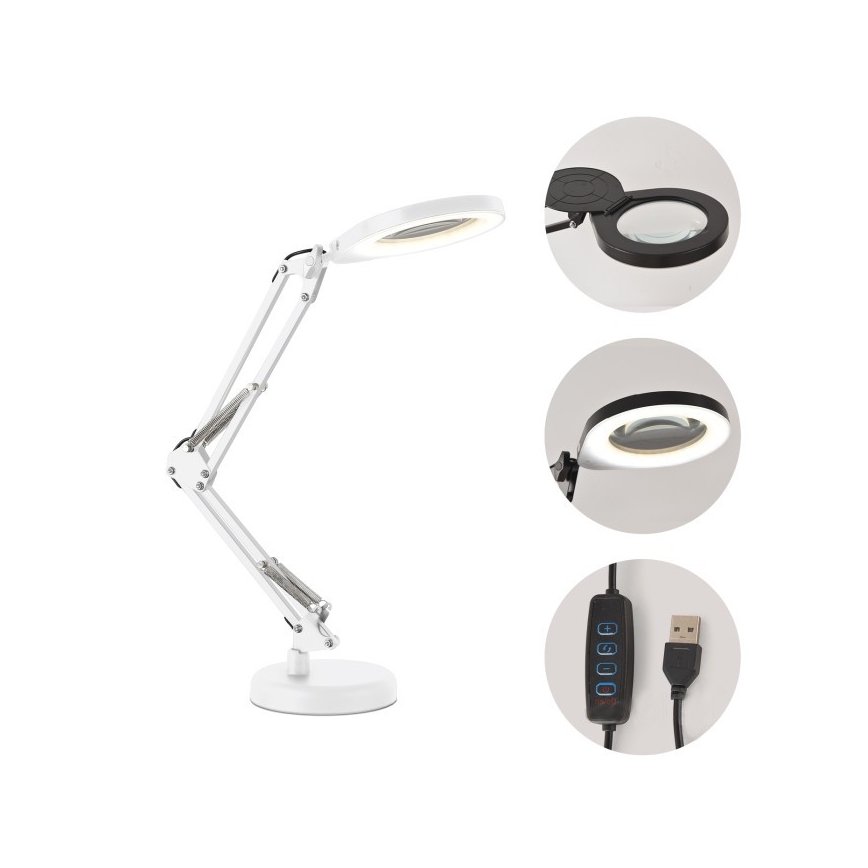 LED Stmievateľná stolová lampa s lupou 2v1 AURIQ LOUPE LED/10W/5V 3000/4000/6500K biela
