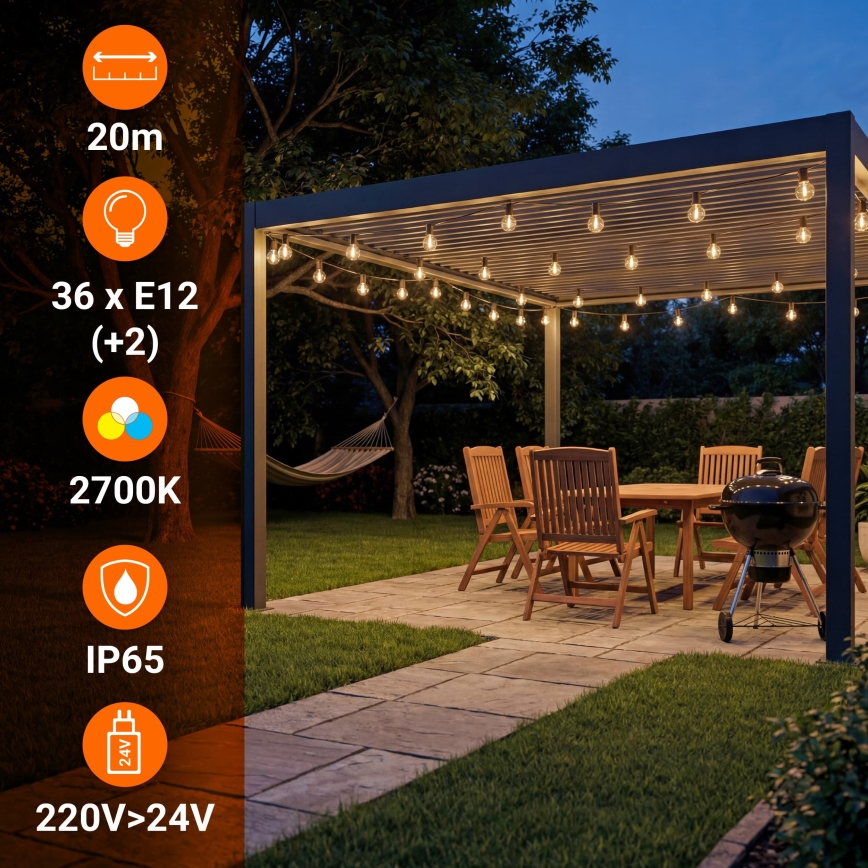LED stmievateľná vonkajšia dekoratívna svetelná reťaz 36xE12/1W/24/230V 22,35 m IP65 čierna + diaľkové ovládanie