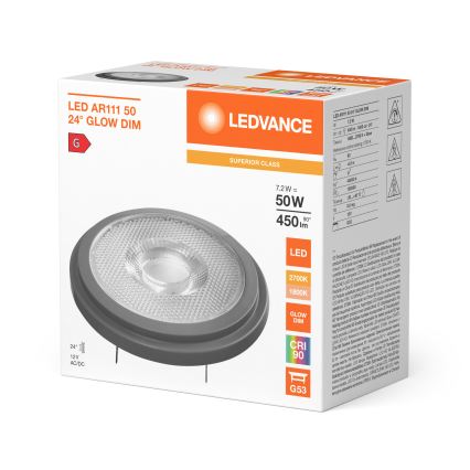 LED stmievateľná žiarovka AR111 G53/7,2W/12V 1800-2700K 24° CRI 90 - Ledvance