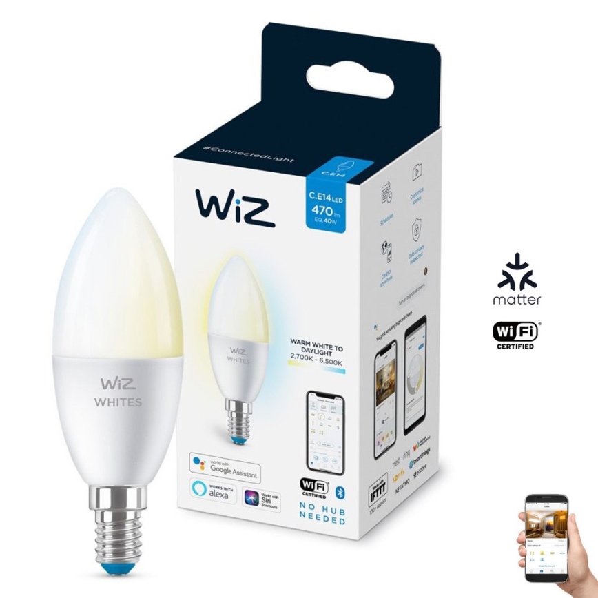 LED Stmievateľná žiarovka C37 E14/4,9W/230V 2700-6500K CRI 90 Wi-Fi - WiZ