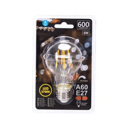 LED Stmievateľná žiarovka FILAMENT A60 E27/6W/230V 2700K - Aigostar