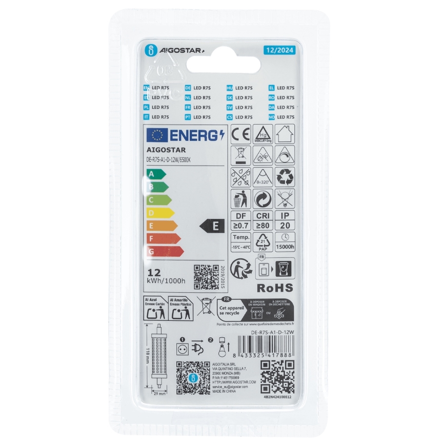 LED Stmievateľná žiarovka R7s/12W/230V 6500K - Aigostar