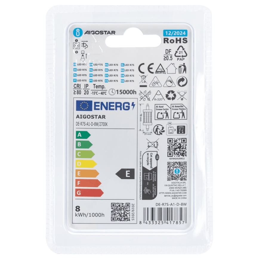 LED Stmievateľná žiarovka R7s/8W/230V 2700K - Aigostar