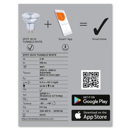 LED Stmievateľná žiarovka SMART+ GU10/5W/230V 2700K-6500K Wi-Fi - Ledvance